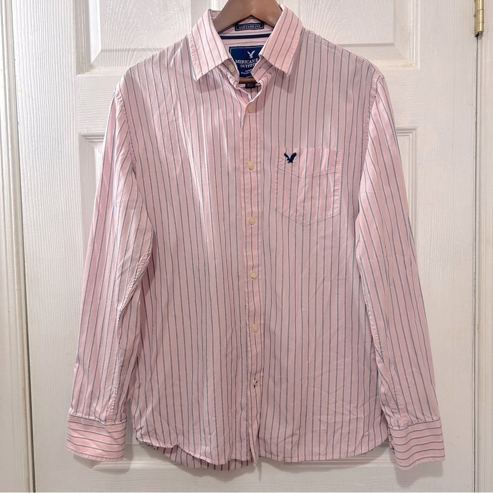 American Eagle Button Down Shirt Men's Vintage Fit Pink Blue Stripe Size Large